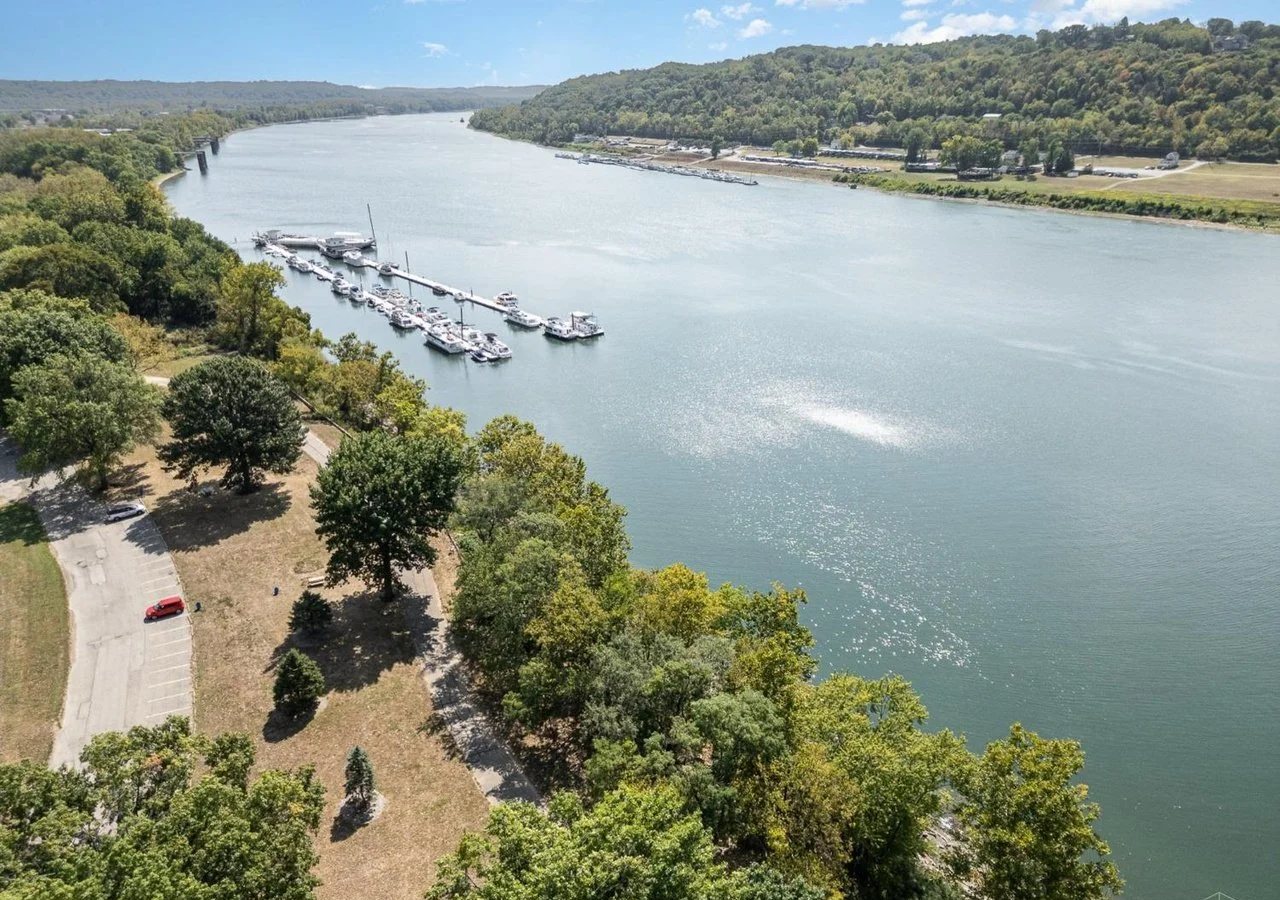 Aerial view of the ORLC harbor on the Ohio River at mile marker 466
